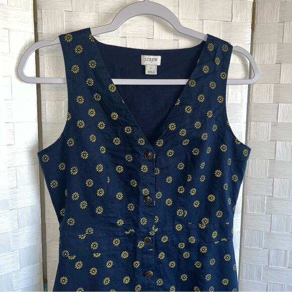 J. Crew Blue Button Up Linen Sunflower Dress Women’s Size 2 - Picture 2 of 12